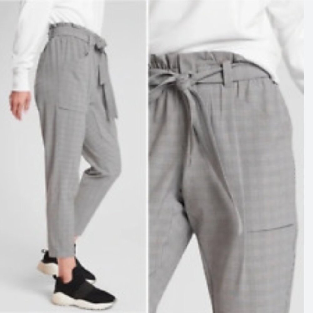 ATHLETA Plaid Skyline Paper-Bag High Waist Tie Belt Lightweight Crop Pants Sz 14